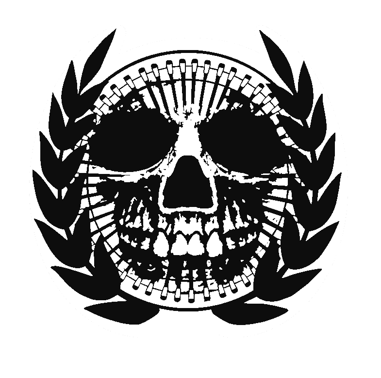 Infamous Liqueur skull logo in black and white, symbolizing rebellion, freedom, and biker lifestyle